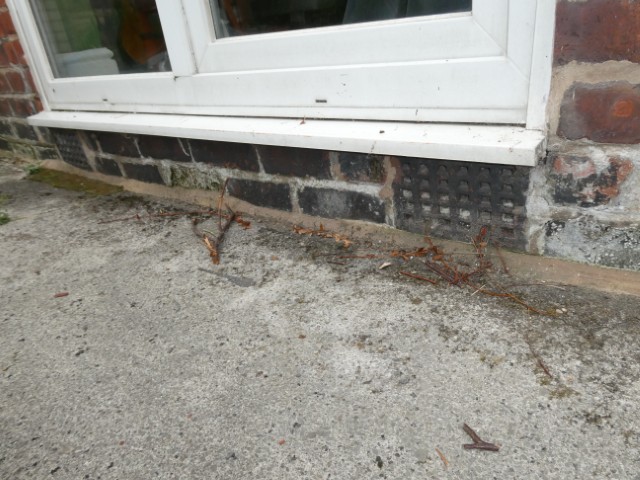 External ground levels raised above the damp-proof course and obstructing air bricks, associated with significant penetrating damp internally.