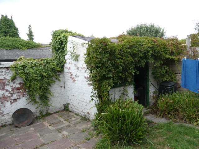 Outbuilding, heavily overgrown and structurally compromised, requiring demolition and rebuilding.